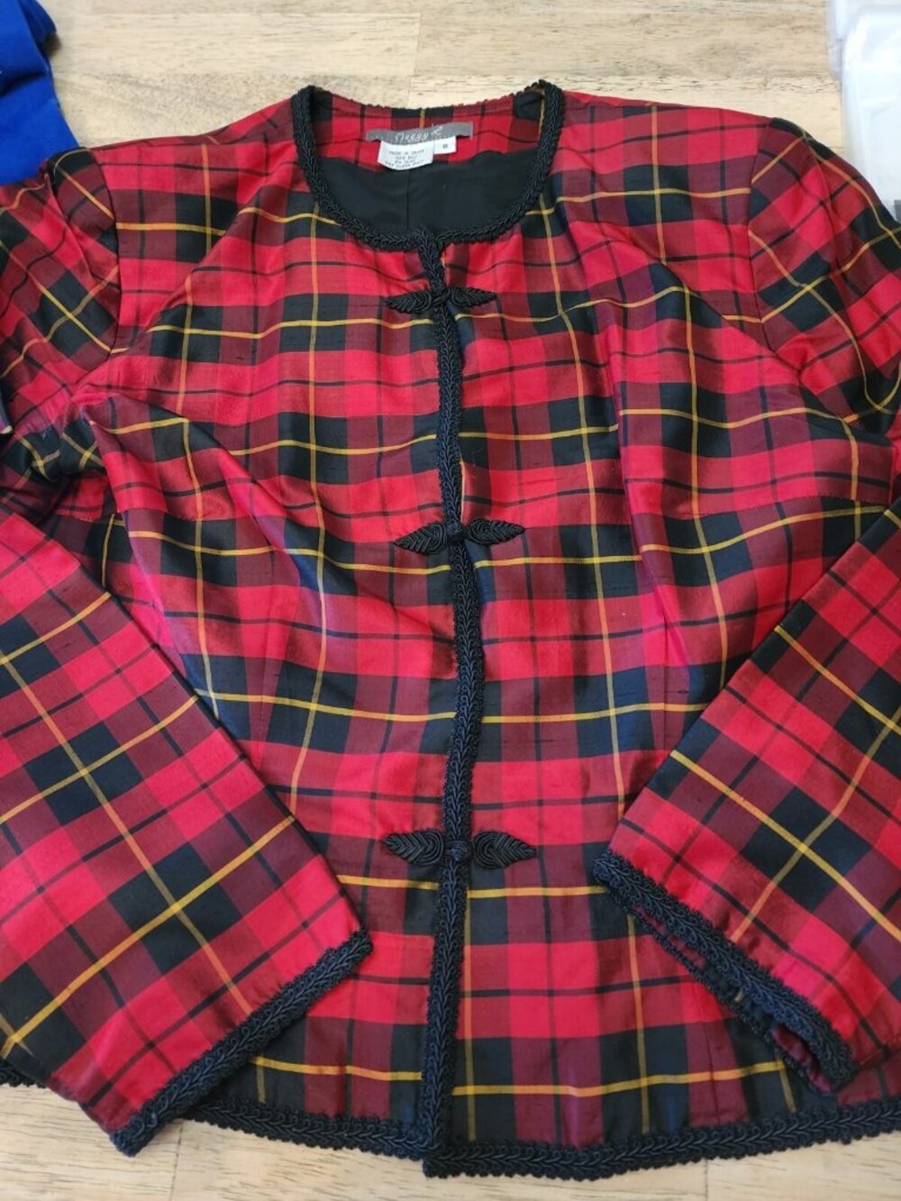 Maggy L Red Black Plaid Silk Blazer Jacket Vintage Women's Size 8
